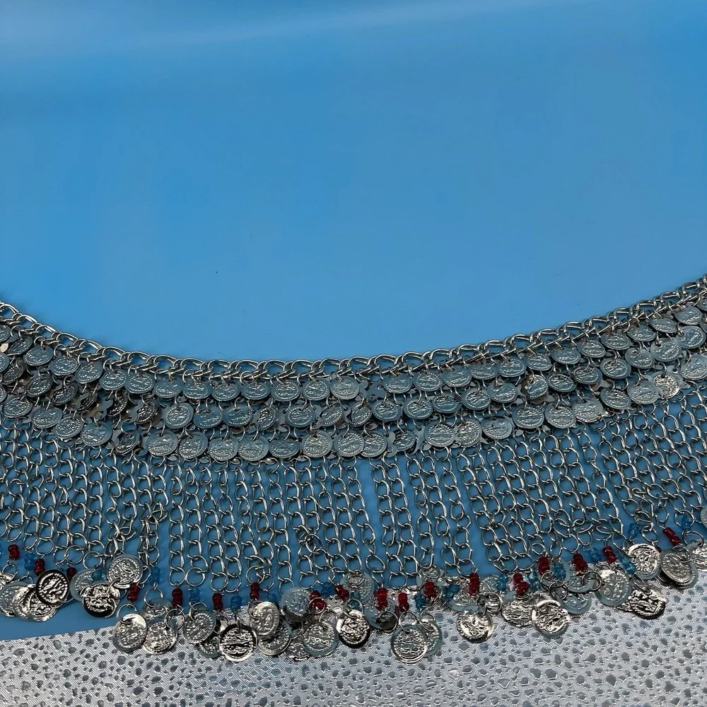 Vintage Belly Dance Hip Scarf Silver Tone Chain Mesh Red Blue Beaded Fringe